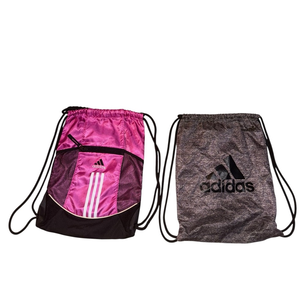 Bundle of 2 Adidas Pink and Gray Drawstring Athletic Gym Backpacks